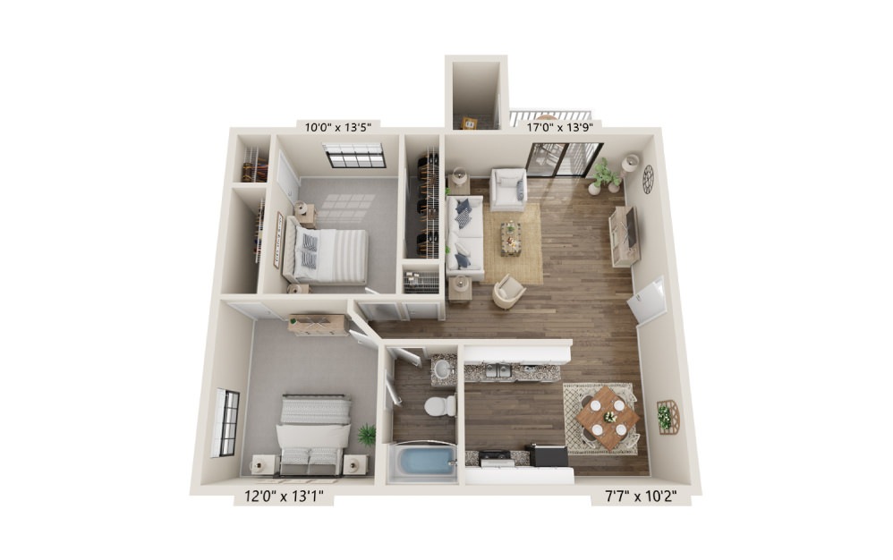 B1 - 2 bedroom floorplan layout with 1 bath and 940 square feet.