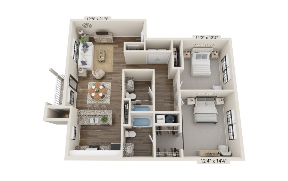 B3 - 2 bedroom floorplan layout with 2 baths and 1116 square feet.