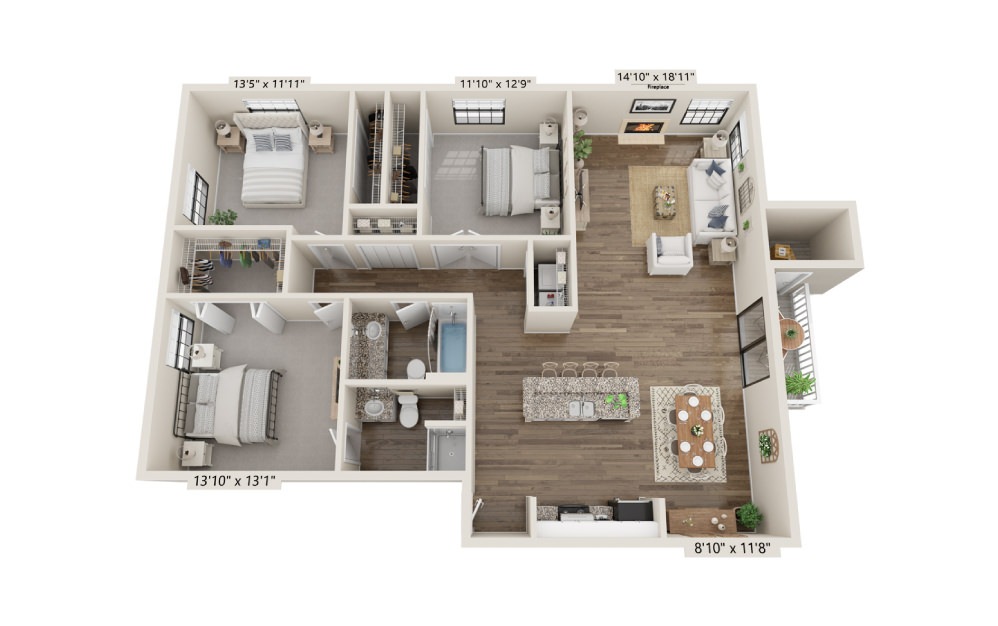 C1 - 3 bedroom floorplan layout with 2 baths and 1200 square feet.
