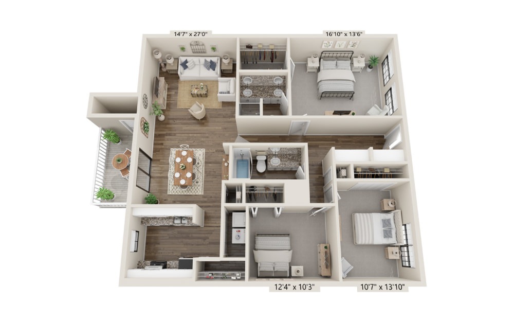 C2 - 3 bedroom floorplan layout with 2 baths and 1500 square feet.